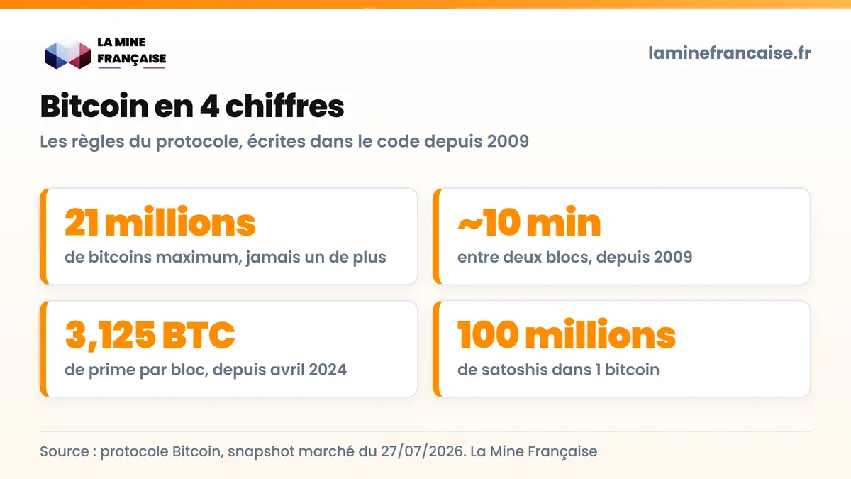 Bitcoin en 4 chiffres : 21 millions d'unités maximum, un bloc toutes les 10 minutes, 3,125 BTC de prime par bloc depuis avril 2024, 100 millions de satoshis dans 1 bitcoin